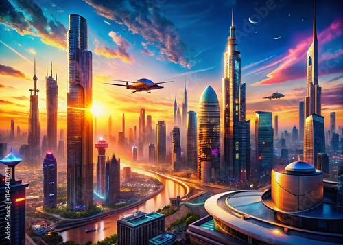 Wallpaper Mural Panoramic View of Futuristic Cityscape at Sunset -  Stunning Architectural Design Torontodigital.ca