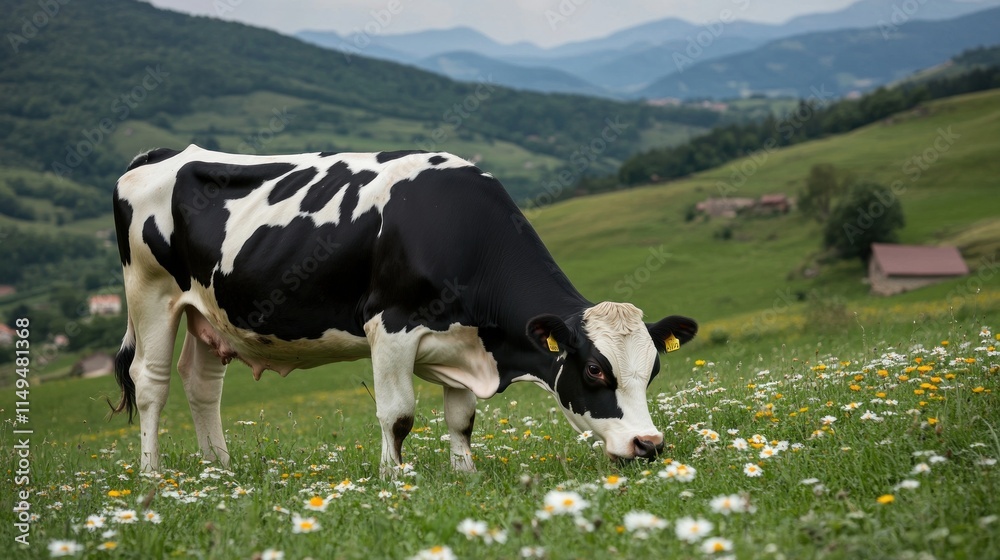 A black and white cow grazing in a meadow filled with wildflowers against a scenic backdrop. A black and white cow grazing in a meadow filled with wildflowers against a scenic backdrop.