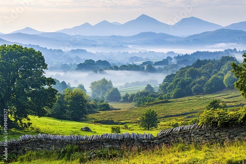 scenic view of rolling hills and misty mountains in distance with foreground in focus and background blurred plenty