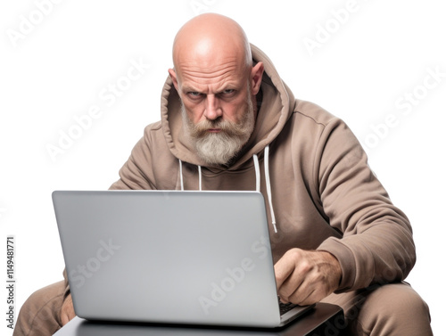 PNG Man using laptop computer portrait sitting.