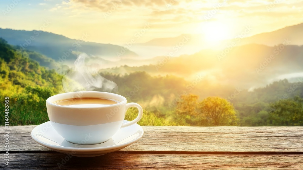 Steaming Coffee Cup with Scenic Landscape Background Steaming Coffee Cup with Scenic Landscape Background