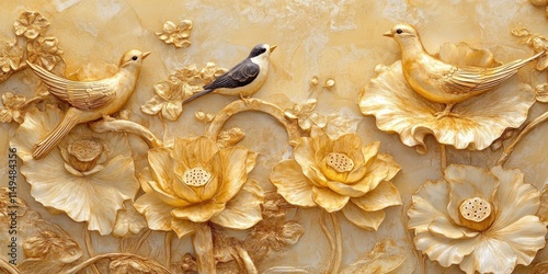 Golden lotus flowers and birds, a relief wall in high definition.