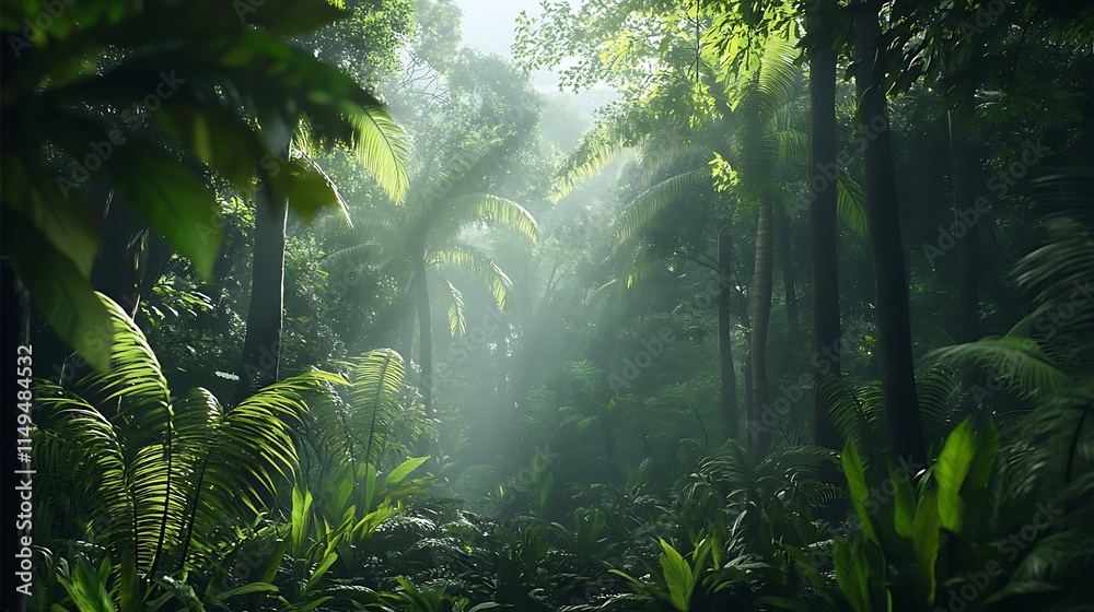 Naklejka premium Lush Tropical Rainforest Sunlight Beams Through Canopy