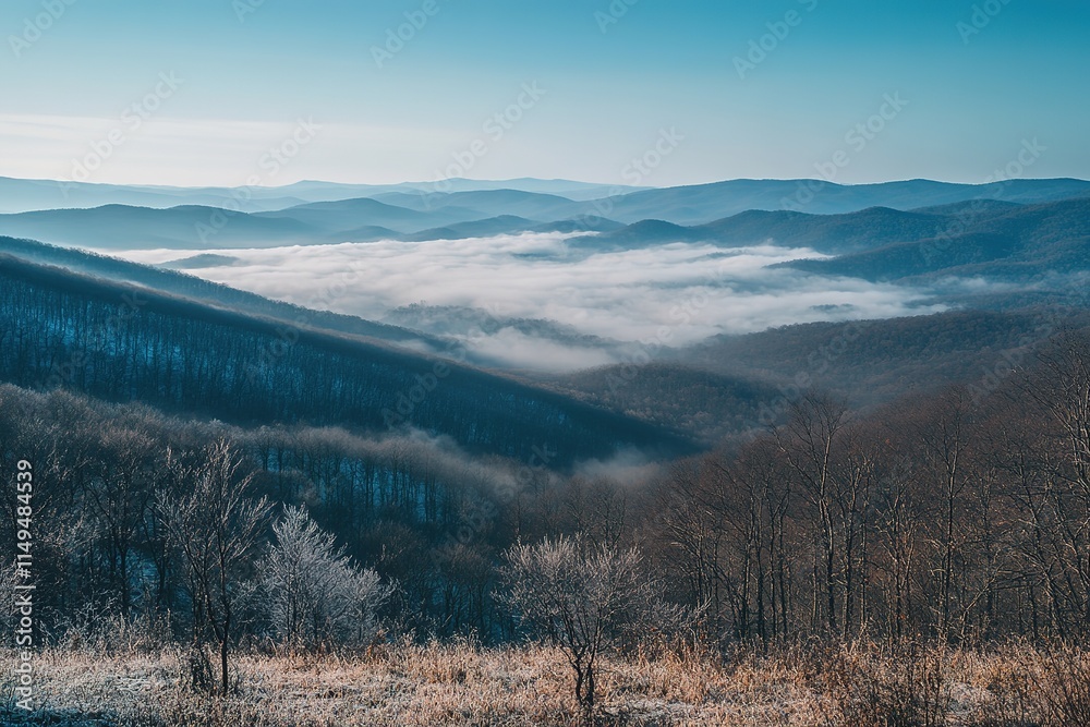 vast view of mountains covered in blanket of fog minimal light and shadow creating serene atmosphere copy space in vast view of mountains covered in blanket of fog minimal light and shadow creating serene atmosphere copy space in