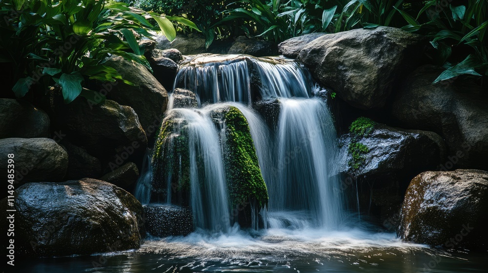Tropical waterfall with rocks and green moss Tropical waterfall with rocks and green moss