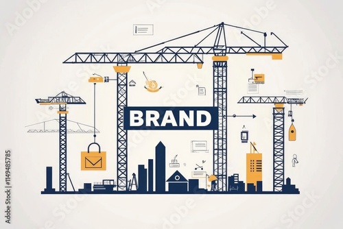 art of construction cranes, marketing icons and with word BRAND on white background