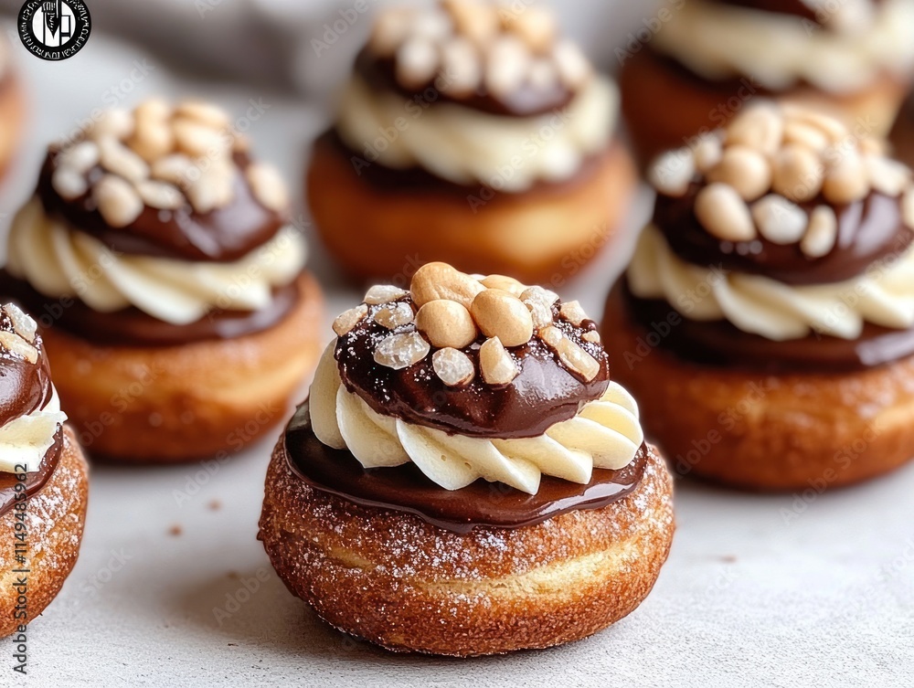 A close-up of delicious chocolate-topped donuts with creamy frosting and nuts. A close-up of delicious chocolate-topped donuts with creamy frosting and nuts.