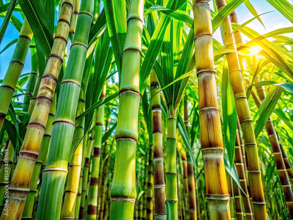 Obraz premium Sugarcane Plantation Close-Up: Lush Green Leaves & Stalks - High-Resolution Fashion Photography