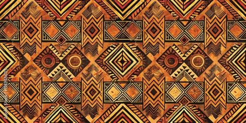 Colorful geometric pattern with earthy tones and tribal motifs, creating a lively and dynamic visual appeal.