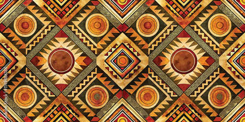 Intricate geometric pattern featuring earthy tones and shapes, ideal for textiles and wallpapers.