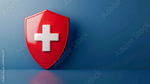 Red shield with white cross on blue background symbolizing healthcare and protection photo