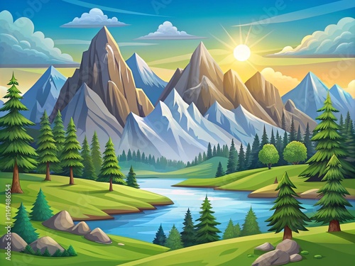 Illustration Of Cartoon Style Mountains Landscape