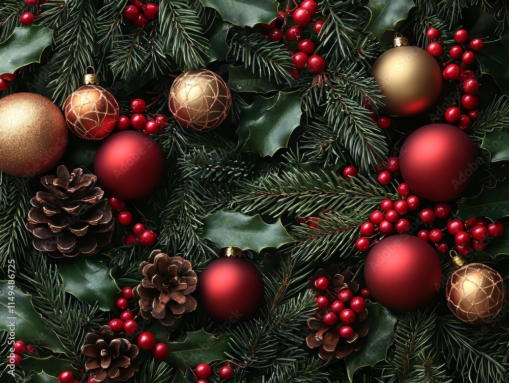 Festive Greenery, Red Berries, Gold and Red Ornaments, and Pine Cones Create a Holiday Scene Festive Greenery, Red Berries, Gold and Red Ornaments, and Pine Cones Create a Holiday Scene