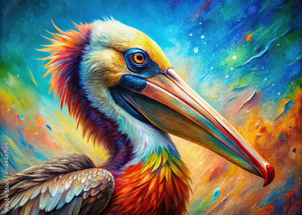 Fototapeta premium Surreal Pelican Painting, Brush Stroke Art, Bird Illustration, Whimsical Avian Artwork, Fantasy Pelican
