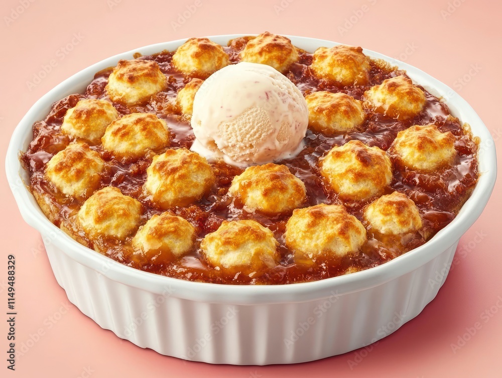 A warm dessert featuring biscuit-like topping and a scoop of ice cream. A warm dessert featuring biscuit-like topping and a scoop of ice cream.