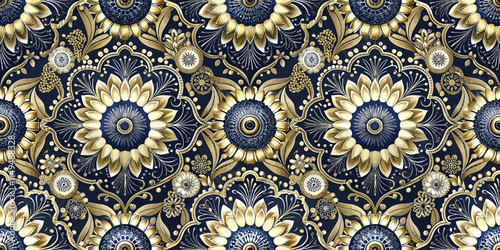 A stunning floral pattern featuring intricate gold and navy designs with bold sunflower motifs.
