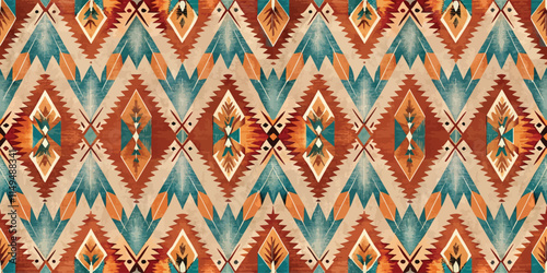 Vibrant geometric pattern featuring rich colors in earthy tones and turquoise, perfect for textiles or interior design.
