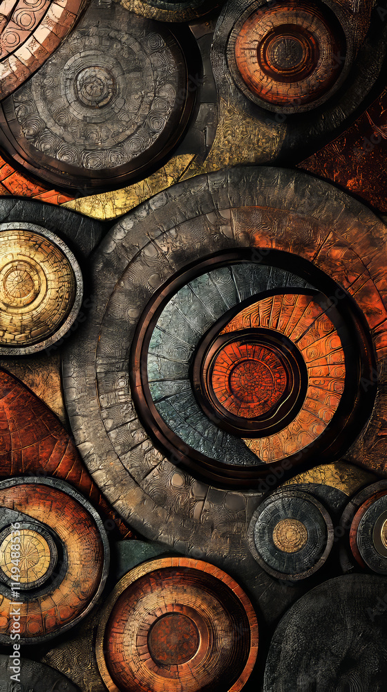 Tribal Circles: Earth Tones, Metallic Accents, Organic Texture, Interconnected Design, 3D Rendering Tribal Circles: Earth Tones, Metallic Accents, Organic Texture, Interconnected Design, 3D Rendering