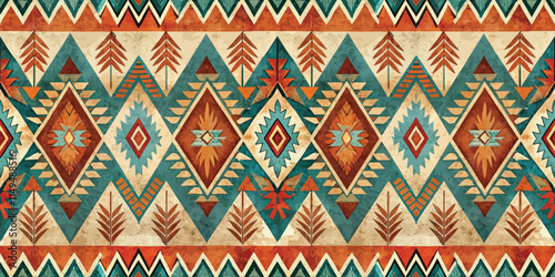 Colorful geometric pattern featuring diamond shapes and tribal motifs.