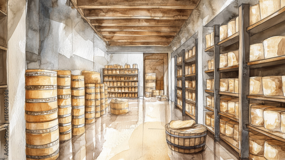 Watercolor Painting of Artisanal Cheese Aging Room Watercolor Painting of Artisanal Cheese Aging Room