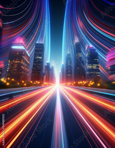 Long streaks of orange and blue light moving fast on night city street. Futuristic digital style on a black background. Speed and motion concept. 3d illustration