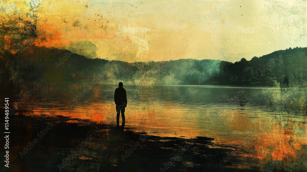 Apprehensive Person by a Serene Lake, Surrealist Style, Unease