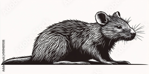 A detailed black and white woodcut style illustration of a rodent,