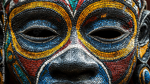 African Mask: Vibrant Colors, Intricate Patterns, Traditional Welcome, Close-Up, Hyperrealistic