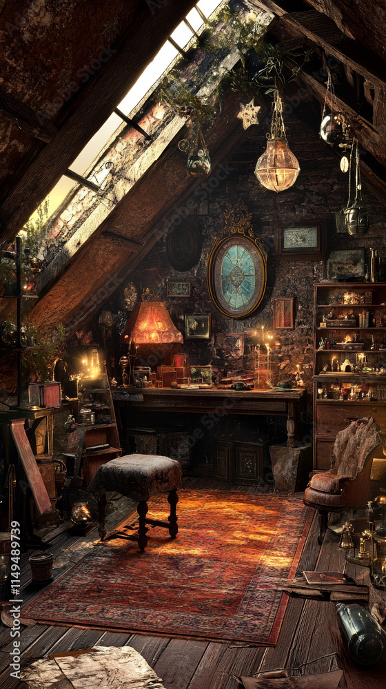 Enchanted Attic: Magical Workshop, Mystical Workspace, Cozy Reading Nook, Whimsical Decor, Fantasy Interior Enchanted Attic: Magical Workshop, Mystical Workspace, Cozy Reading Nook, Whimsical Decor, Fantasy Interior