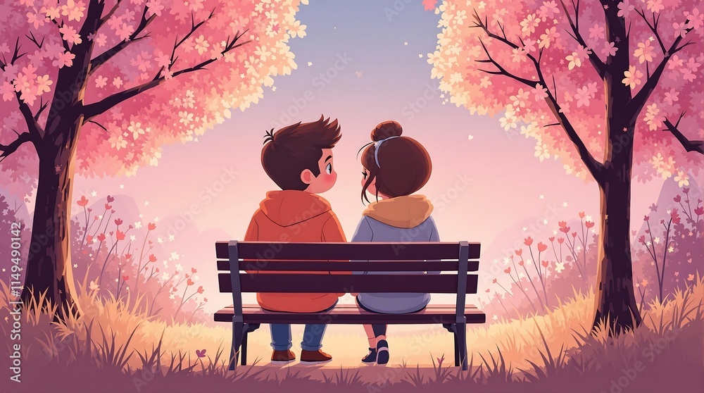 Valentine day. boy and a girl sitting on a bench under blooming cherry blossom trees, creating a serene and picturesque scene Valentine day. boy and a girl sitting on a bench under blooming cherry blossom trees, creating a serene and picturesque scene