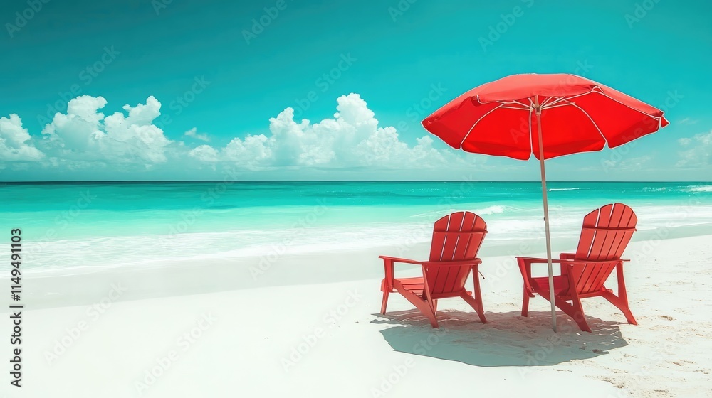 Two red beach chairs and an umbrella on a beautiful white sand beach in front of the ocean on sunny day Two red beach chairs and an umbrella on a beautiful white sand beach in front of the ocean on sunny day