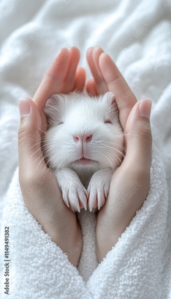 A person gently cradles a small white guinea pig in their hands, wrapped in a soft towel. A person gently cradles a small white guinea pig in their hands, wrapped in a soft towel.