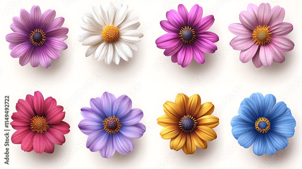 Set of colorful daisies flowers isolated on a white background Set of colorful daisies flowers isolated on a white background