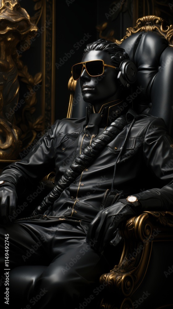 Stylish man in dark attire and sunglasses sitting on an ornate chair. Stylish man in dark attire and sunglasses sitting on an ornate chair.