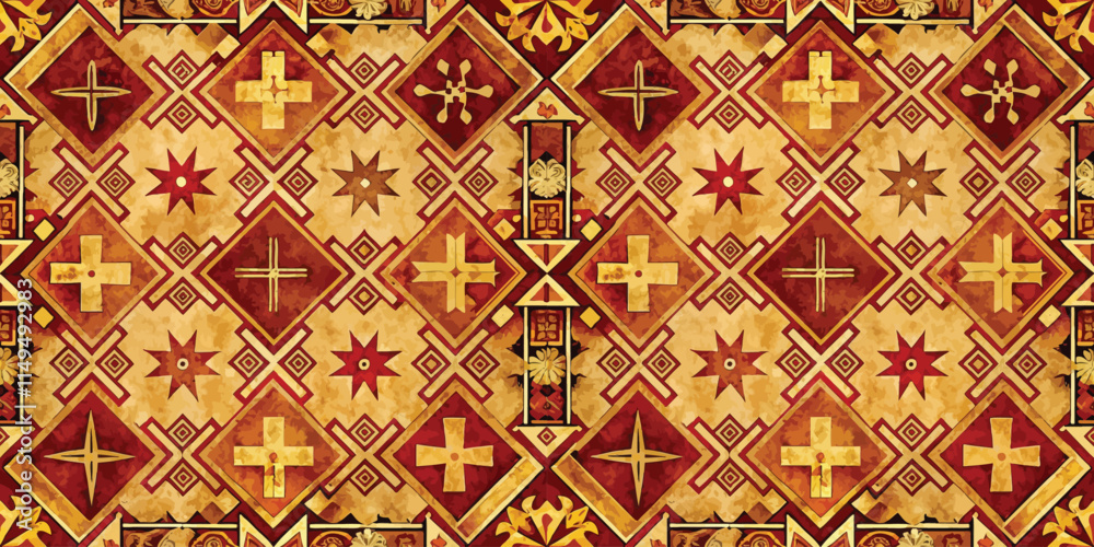 Vibrant geometric pattern with rich earthy colors, featuring intricate designs and various shapes.