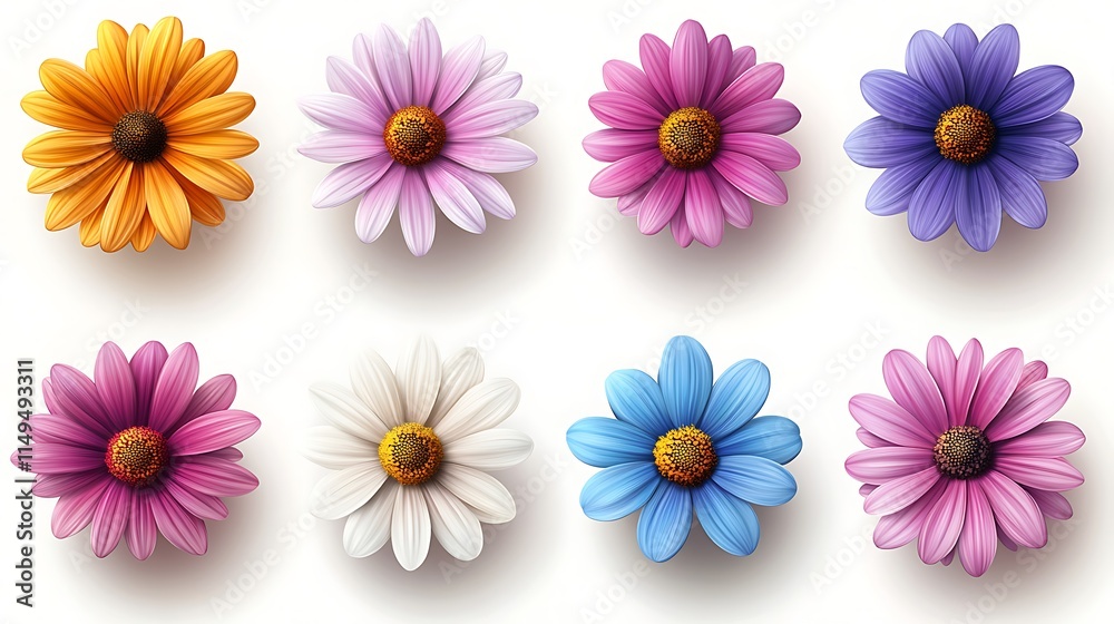 Set of colorful daisies flowers isolated on a white background Set of colorful daisies flowers isolated on a white background