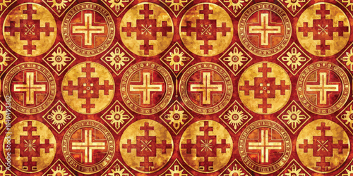 Intricate geometric pattern featuring red and gold tones, showcasing traditional design elements.