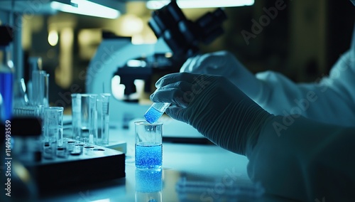 Scientist Carefully Pours Blue Liquid Sample into Beaker for Experiment in Laboratory Setting