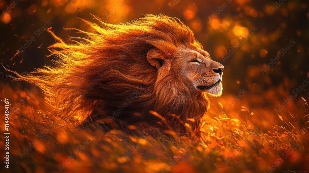 Naklejka premium Majestic Lion in Golden Sunset