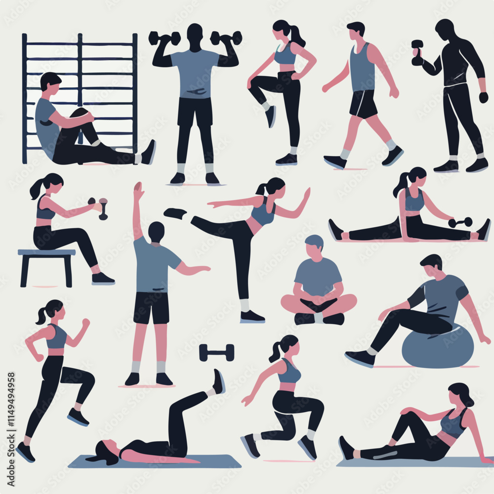 Vector collection of silhouettes of people exercising