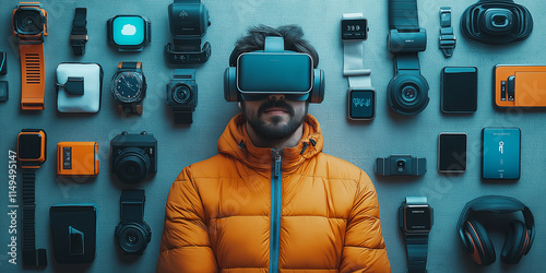 Tech Enthusiast Surrounded by Gadgets and Wearable Technology photo