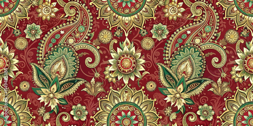 Intricate floral pattern design featuring gold and green detailing on a rich red background.