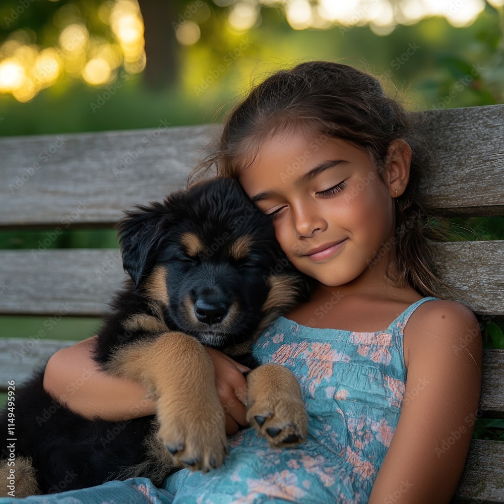 A girl lovingly holds a puppy on a bench, surrounded by a serene outdoor setting. A girl lovingly holds a puppy on a bench, surrounded by a serene outdoor setting.