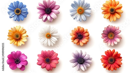 Set of colorful daisies flowers isolated on a white background