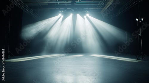 Bright stage lights illuminate a dark performance space in a theater setting. 