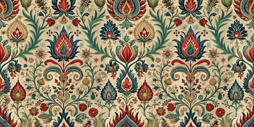 Intricate floral pattern illustration featuring vibrant colors and detailed motifs.