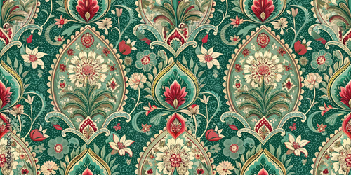 Intricate floral patterns in rich colors create a vintage tapestry design.