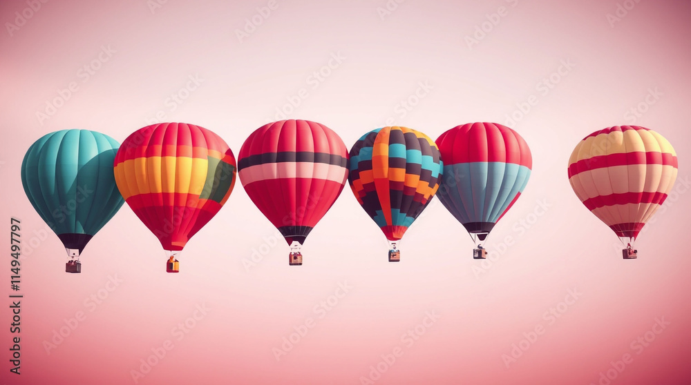 Obraz premium Collection set photo of six colorful different air balloons in a row isolated on transparent background, birthday party invitation or festive event décor