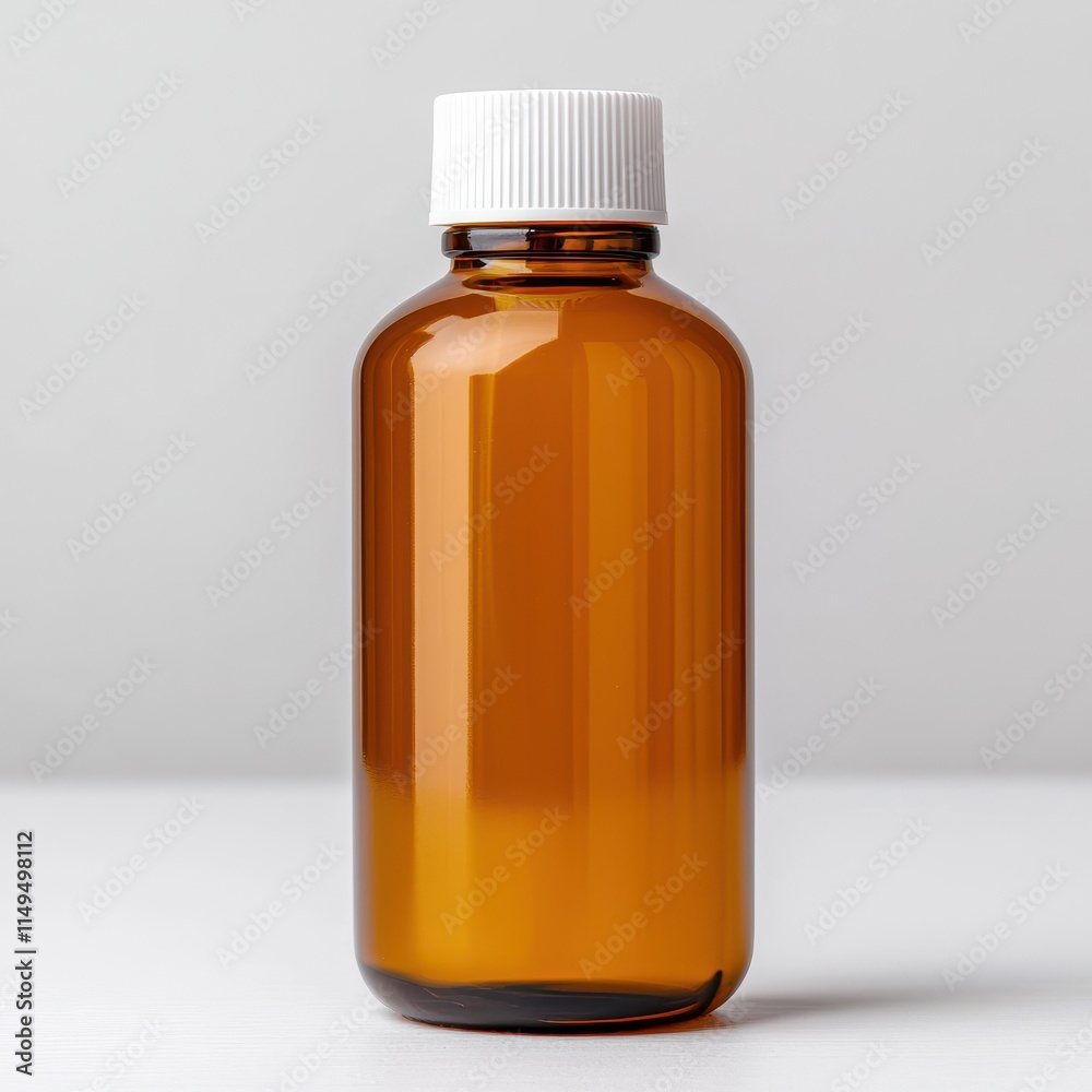 Amber Glass Bottle with White Cap on Light Background Amber Glass Bottle with White Cap on Light Background