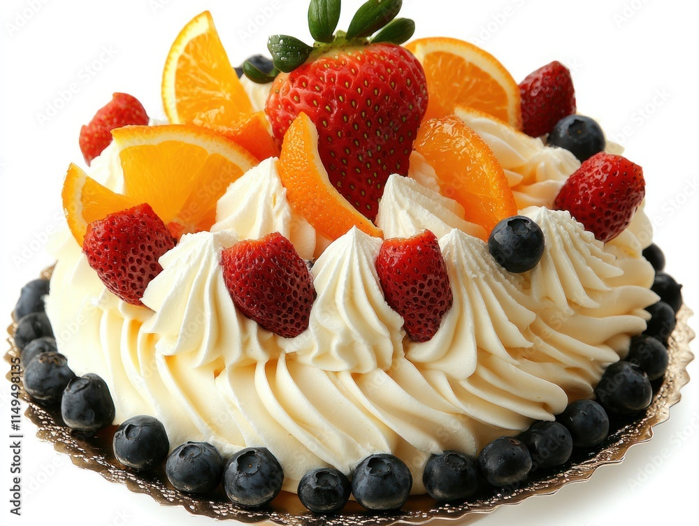 A beautifully decorated cake topped with fresh fruits and cream, perfect for celebrations.